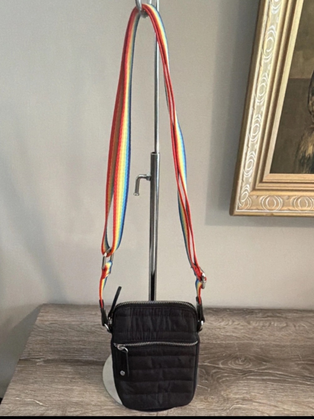 Sondra Roberts Squared Black Quilted Puffer Small Crossbody Bag Rainbow Strap